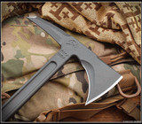 RMJ Tactical Eagle Talon limited edition tomahawk - shown close up of head out of sheath obverse.  Tungsten Cerakote S7 steel plain edge head.  Hyena Brown G-10 handle.  Model T-ET-S7-TU-HB. RMJ Tactical Eagle Talon limited edition tomahawk - shown close up of head out of sheath obverse.  Tungsten Cerakote S7 steel plain edge head.  Hyena Brown G-10 handle.  Model T-ET-S7-TU-HB.