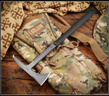 RMJ Tactical Eagle Talon limited edition tomahawk - shown out of sheath obverse. Tungsten Cerakote S7 steel plain edge head. Black G-10 handle. Model T-ET-S7-TU-BK. RMJ Tactical Eagle Talon limited edition tomahawk - shown out of sheath obverse. Tungsten Cerakote S7 steel plain edge head. Black G-10 handle. Model T-ET-S7-TU-BK.