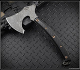 RMJ Tactical Berserker Axe - shown out of sheath reverse. Acid Etched 80CrV2 steel blade. Black G-10 handle scales. Model T-BZ-AE-BK. RMJ Tactical Berserker Axe - shown out of sheath reverse. Acid Etched 80CrV2 steel blade. Black G-10 handle scales. Model T-BZ-AE-BK.