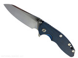 Rick Hinderer Knives XM-18 3.5" Sheepsfoot folding knife with thumb stud and flipper tab - shown open presentation side.  Stonewash S45VN stainless steel plain edge blade.  Blue - black G-10 handle with stonewash lock side.  Model KXM35SHF.