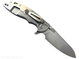 Rick Hinderer Knives XM-18 3.5" Sheepsfoot folding knife with thumb stud and flipper tab - shown open lock side.  Stonewash S45VN stainless steel plain edge blade.  Coyote G-10 handle with stonewash lock side.  Model KXM35SHF.