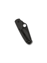 Spyderco ButtonUp folding knife with thumb hole - shown closed pocket clip side.  Black 8Cr13MoV stainless steel combo edge blade.  Black carbon fiber and G-10 laminate handle.  Model C275CFPSBK.