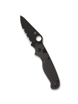 Spyderco ButtonUp folding knife with thumb hole - shown open presentation side.  Black 8Cr13MoV stainless steel combo edge blade.  Black carbon fiber and G-10 laminate handle.  Model C275CFPSBK.