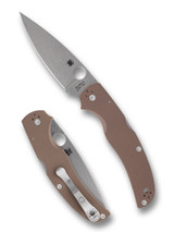 Spyderco Native Chief Sprint Run folding knife with thumb hole - shown open presentation side and closed pocket clip side.  Stonewash 15V steel plain edge blade.  Brown G-10 handle.  Model C244GPBN15V.
