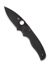 Spyderco Shaman Salt folding knife with thumb hole - shown closed pocket clip side.  Black MagnaCut stainless steel plain edge blade.  Black G-10 handle.  Model C229GMCBKP.