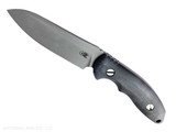 Rick Hinderer Knives Emmett Sheepsfoot fixed blade knife - shown out of sheath reverse. Working Finish MagnaCut stainless steel plain edge blade. Black Micarta handle. Model KEMSFMI. Rick Hinderer Knives Emmett Sheepsfoot fixed blade knife - shown out of sheath reverse. Working Finish MagnaCut stainless steel plain edge blade. Black Micarta handle. Model KEMSFMI.