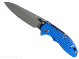 Rick Hinderer Knives XM-18 3.5" Sheepsfoot folding knife with thumb stud and flipper tab - shown open presentation side. Working Finish S45VN stainless steel plain edge blade. Blue G-10 handle with Battle Blue lock side. Model KXM35SHF. Rick Hinderer Knives XM-18 3.5" Sheepsfoot folding knife with thumb stud and flipper tab - shown open presentation side. Working Finish S45VN stainless steel plain edge blade. Blue G-10 handle with Battle Blue lock side. Model KXM35SHF.