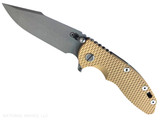 Rick Hinderer Knives XM-18 Skinny Harpoon Spanto with thumb stud and flipper tab - shown open presentation side.  Working Finish MagnaCut stainless steel plain edge blade.  Coyote G-10 handle with Battle Bronze lock side.  Model KXM35SKHS. Rick Hinderer Knives XM-18 Skinny Harpoon Spanto with thumb stud and flipper tab - shown open presentation side.  Working Finish MagnaCut stainless steel plain edge blade.  Coyote G-10 handle with Battle Bronze lock side.  Model KXM35SKHS.