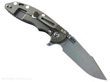 Rick Hinderer Knives XM-18 3.5" Harpoon Spanto folding knife with thumb stud and flipper tab - shown open lock side.  Working Finish MagnaCut stainless steel plain edge blade.  Black G-10 handle with Battle Bronze lock side.  Model KXM35HS.