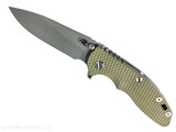Rick Hinderer Knives XM-18 3.5" Slicer Hollow Grind folding knife with thumb stud and flipper tab - shown open presentation side.  Working Finish 20CV stainless steel plain edge blade.  OD green G-10 handle with Working Finish lock side.  Model KXM35SLHO.