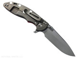 Rick Hinderer Knives XM-18 3.5" Slicer Hollow Grind folding knife with thumb stud and flipper tab - shown open lock side.  Working Finish 20CV stainless steel plain edge blade.  Red G-10 handle with Battle Bronze lock side.  Model KXM35SLHO.