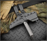 RMJ Tactical Cuddles Tactical Hammer - close up of head in sheath shown.  Tungsten Cerakote 80CRV2 steel head.  Black G-10 handle.  