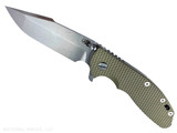 Rick Hinderer Knives XM-24 Harpoon Spanto folding knife with thumb stud and flipper tab - shown open presentation side.  Stonewash S45VN stainless steel plain edge blade.  OD green G-10 handle with stonewash lock side.  Model KXM40HS.