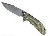 Rick Hinderer Knives XM-24 Harpoon Spanto folding knife with thumb stud and flipper tab - shown open presentation side.  Working Finish S45VN stainless steel plain edge blade.  OD green G-10 handle with Battle Bronze lock side.  Model KXM40HS.
