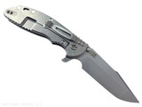 Rick Hinderer Knives XM-24 Harpoon Spanto folding knife with thumb stud and flipper tab - shown open lock side.  Stonewash S45VN stainless steel plain edge blade.  Black G-10 handle with stonewash lock side.  Model KXM40HS.