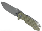 Rick Hinderer Knives Half Track Slicer folding knife with flipper tab - shown open presentation side.  Working Finish MagnaCut stainless steel plain edge blade.  OD green G-10 handle with Working Finish titanium lock side.  Model KHTSLI.