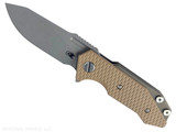 Rick Hinderer Knives Half Track Slicer folding knife with flipper tab - shown open presentation side.  Working Finish MagnaCut stainless steel plain edge blade.  Coyote G-10 handle with Battle Bronze titanium lock side.  Model KHTSLI.