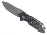 Rick Hinderer Knives Half Track Slicer folding knife with flipper tab - shown open presentation side.  Working Finish MagnaCut stainless steel plain edge blade.  Black G-10 handle with Working Finish titanium lock side.  Model KHTSLI.