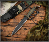 RMJ Tactical Trench Raider - shown out of sheath reverse. Graphite Black Cerakote 3V steel double plain edge blade.  Dirty Olive G-10 handle scales.  Model K-TR-3V-GB-DO-BWD.