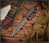 RMJ Tactical Trench Raider - shown out of sheath reverse. Acid Etch 3V steel double plain edge blade.  Dirty Olive G-10 handle scales.  Model K-TR-3V-GB-DO-OX.