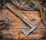 RMJ Tactical Kestrel tomahawk - shown out of sheath obverse.  Tungsten Cerakote S7 steel plain edge head.  Dirty Olive G-10 handle.  Model T-KE-S7-TU-DO.
