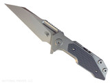 Rick Hinderer Knives Full Track Wharncliffe folding knife with flipper tab - shown open presentation side.  Stonewash S45VN stainless steel plain edge blade.  Stonewash titanium with black G-10 scales.  Model KFTRWC.