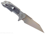 Rick Hinderer Knives Full Track Wharncliffe folding knife with flipper tab - shown open lock side.  Stonewash S45VN stainless steel plain edge blade.  Stonewash titanium with black G-10 scales.  Model KFTRWC.