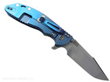 Rick Hinderer Knives XM-24 Harpoon Spanto folding knife with thumb stud and flipper tab - shown open lock side.  Stonewash S45VN stainless steel plain edge blade.  Translucent Green G-10 handle with stonewash blue lock side.  Model KXM40HS.
