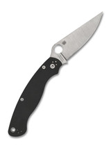 Spyderco Military 2 Left Hand folding knife with thumb hole - shown open presentation side.  Satin S30V stainless steel plain edge blade.  Black G-10 handle.  Model C36GPLE2.