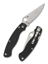Spyderco Military 2 Left Hand folding knife with thumb hole - shown open presentation side and closed pocket clip side.  Satin S30V stainless steel plain edge blade.  Black G-10 handle.  Model C36GPLE2.