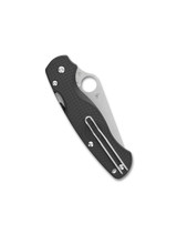 Spyderco Paramilitary 2 folding knife with thumb hole - shown closed pocket clip side.  Satin CTS BD1N stainless steel serrated edge blade.  Black FRN handle.  Model C81SBK2.
