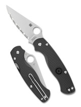 Spyderco Paramilitary 2 folding knife with thumb hole - shown open presentation side and closed pocket clip side.  Satin CTS BD1N stainless steel serrated edge blade.  Black FRN handle.  Model C81SBK2.