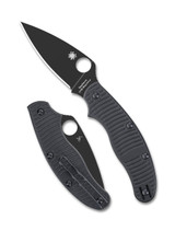 Spyderco UKPK Leaf Salt folding knife with thumb hole - shown open presentation side and closed pocket clip side.  Black MagnaCut stainless steel plain edge blade. Black G-10 handle.  Model C94GMCBKP.