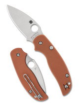 Spyderco Sage 6 folding knife with thumb hole - shown open presentation side and closed pocket clip side.  Satin REX 121 steel plain edge blade.  Orange G-10 handle.  Model C123GPBOR.
