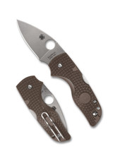 Spyderco Lil' Native Sprint Run folding knife with thumb hole - shown open presentation side and closed pocket clip side.  Stonewash 15V steel plain edge blade.  Brown FRN handle.  Model C230PBN15V.