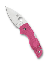 Spyderco Lil' Native folding knife with thumb hole - shown open presentation side.  Satin CTS-BD1N stainless steel plain edge blade.  Pink FRN handle.  Model C230PPN.