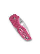 Spyderco Lil' Native folding knife with thumb hole - shown closed pocket clip side.  Satin CTS-BD1N stainless steel plain edge blade.  Pink FRN handle.  Model C230PPN.