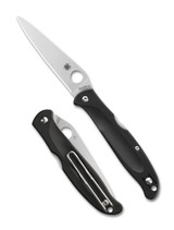 Spyderco Charisma folding knife with thumb hole - shown open presentation side and closed pocket clip side.  Satin CTS BD1N stainless steel plain edge blade.  Black FRN handle.  Model C259PBK.
