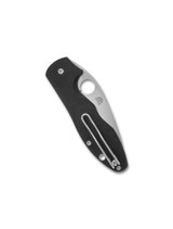 Spyderco Retract folding knife with thumb hole - shown closed pocket clip side.  Satin 9Cr18MoV stainless steel plain edge blade.  Black G-10 handle.  Model C276GP.