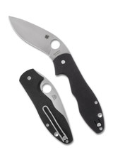 Spyderco Retract folding knife with thumb hole - shown open presentation side and closed pocket clip side.  Satin 9Cr18MoV stainless steel plain edge blade.  Black G-10 handle.  Model C276GP.