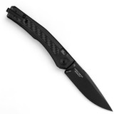 Zero Tolerance 0556BLK push button automatic knife - open - pocket clip side.  Black 3.35" MagnaCut stainless steel plain edge blade.  Black titanium handle with black carbon fiber inlay.  Model 0556BLK.