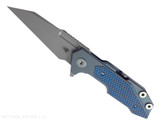 Rick Hinderer Knives Full Track Wharncliffe folding knife with flipper tab - shown open presentation side.  Working Finish S45VN stainless steel plain edge blade.  Battle Blue titanium with blue - black G-10 scales.  Model KFTRWC.