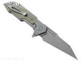 Rick Hinderer Knives Full Track Wharncliffe folding knife with flipper tab - shown open lock side.  Working Finish S45VN stainless steel plain edge blade.  Working Finish titanium with OD green G-10 scales.  Model KFTRWC.
