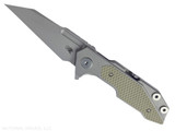 Rick Hinderer Knives Full Track Wharncliffe folding knife with flipper tab - shown open presentation side.  Working Finish S45VN stainless steel plain edge blade.  Working Finish titanium with OD green G-10 scales.  Model KFTRWC.