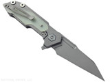 Rick Hinderer Knives Full Track Wharncliffe folding knife with flipper tab - shown open lock side.  Working Finish S45VN stainless steel plain edge blade.  Working Finish titanium with Translucent Green G-10 scales.  Model KFTRWC.