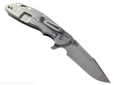 Rick Hinderer Knives XM-24 Harpoon Spanto folding knife with thumb stud and flipper tab - shown open lock side.  Stonewash S45VN stainless steel plain edge blade.  Blue - black G-10 handle with stonewash lock side.  Model KXM40HS.