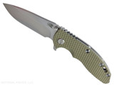 Rick Hinderer Knives XM-18 3.25" Spear Point folding knife with thumb stud and flipper tab - shown open presentation side.  Stonewash S45VN stainless steel plain edge blade.  OD green G-10 handle with stonewash lock side.  Model KXM325SPE.