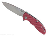 Rick Hinderer Knives XM-18 3.25" Spear Point folding knife with thumb stud and flipper tab - shown open presentation side.  Stonewash S45VN stainless steel plain edge blade.  Red G-10 handle with stonewash lock side.  Model KXM325SPE.