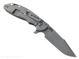 Rick Hinderer Knives XM-24 Harpoon Spanto folding knife with thumb stud and flipper tab - shown open lock side.  Working Finish S45VN stainless steel plain edge blade.  OD green G-10 handle with Working Finish lock side.  Model KXM40HS.