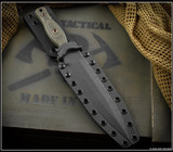 RMJ Tactical Kilroy fixed blade knife - shown in sheath obverse.  OD Green Cerakote M390 steel, double plain edge, blade.  Dirty Olive G-10 handle scales. Model K-KRY-M390-ODG-DO.